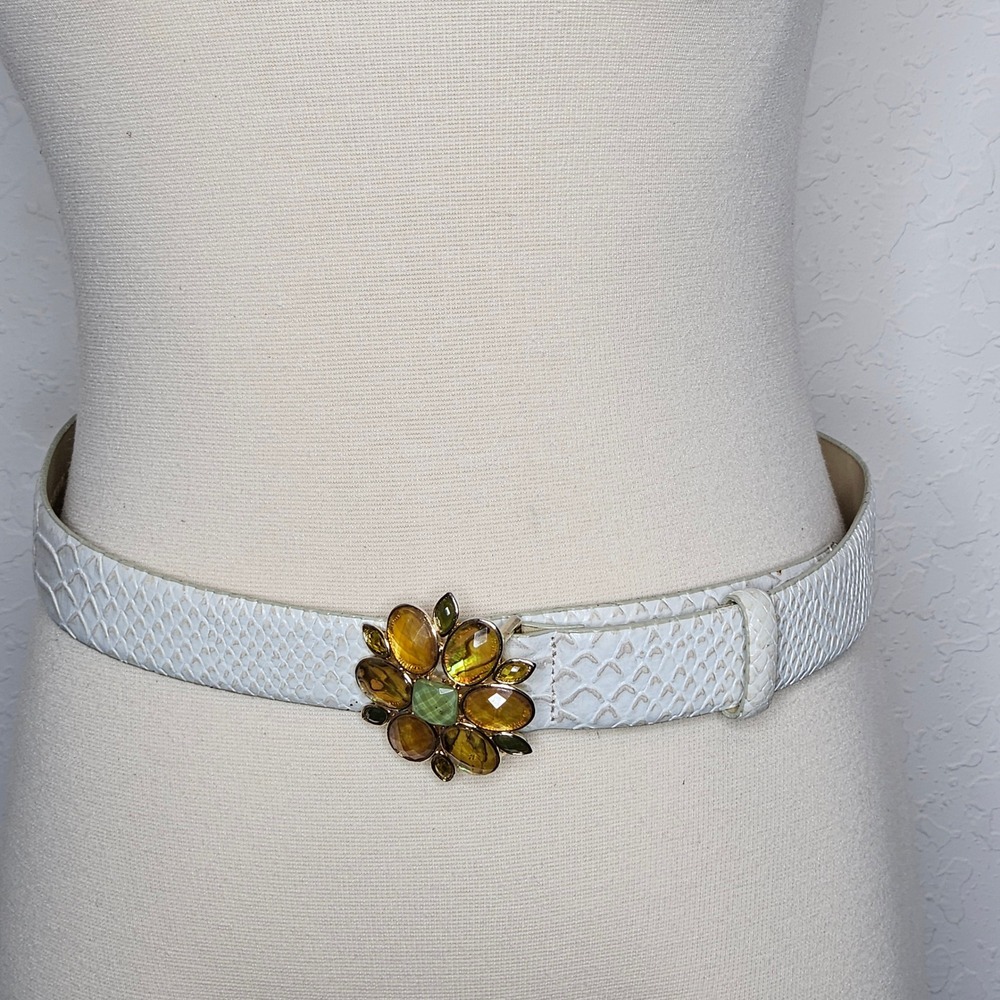 Liz Claiborne Womens White Snakeskin Embossed Leather Jeweled Flower Belt Medium